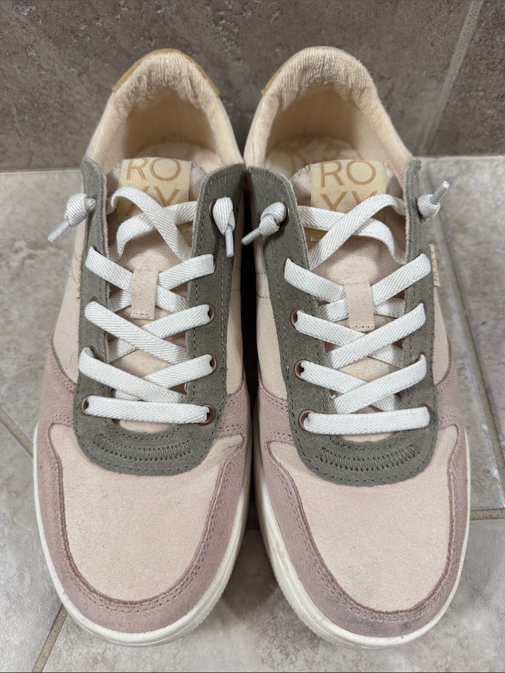 Roxy Suede & Textile Sneakers in Pink, Olive & Cream Women’s Size 9